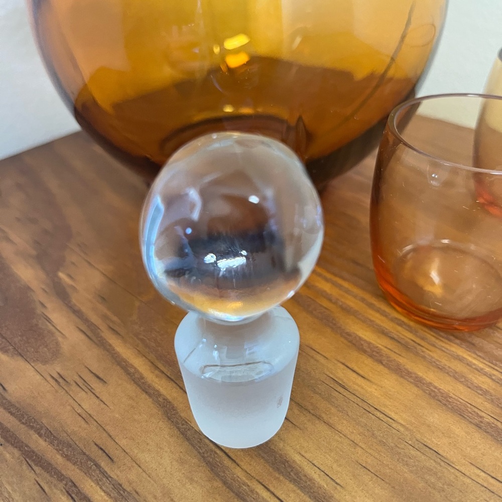 Vintage Cambridge Amber Glass Tilt Ball Cordial Decanter w/2 Glasses - Picture 6 of 13